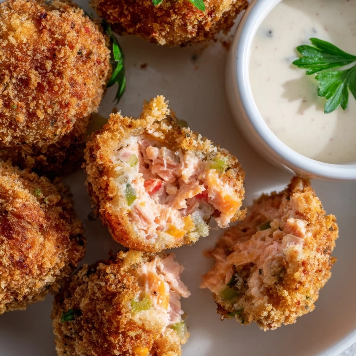 Homemade Southern salmon croquettes with a tender flaky interior and crunchy golden exterior ready to serve