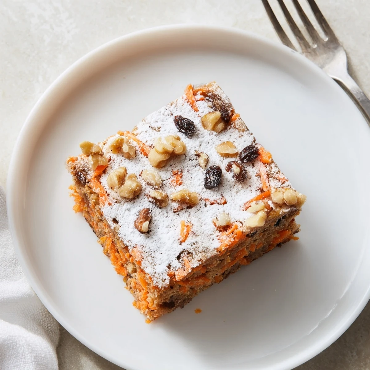 Golden brown Greek yogurt carrot cake with grated carrots and chopped walnuts on a wooden board