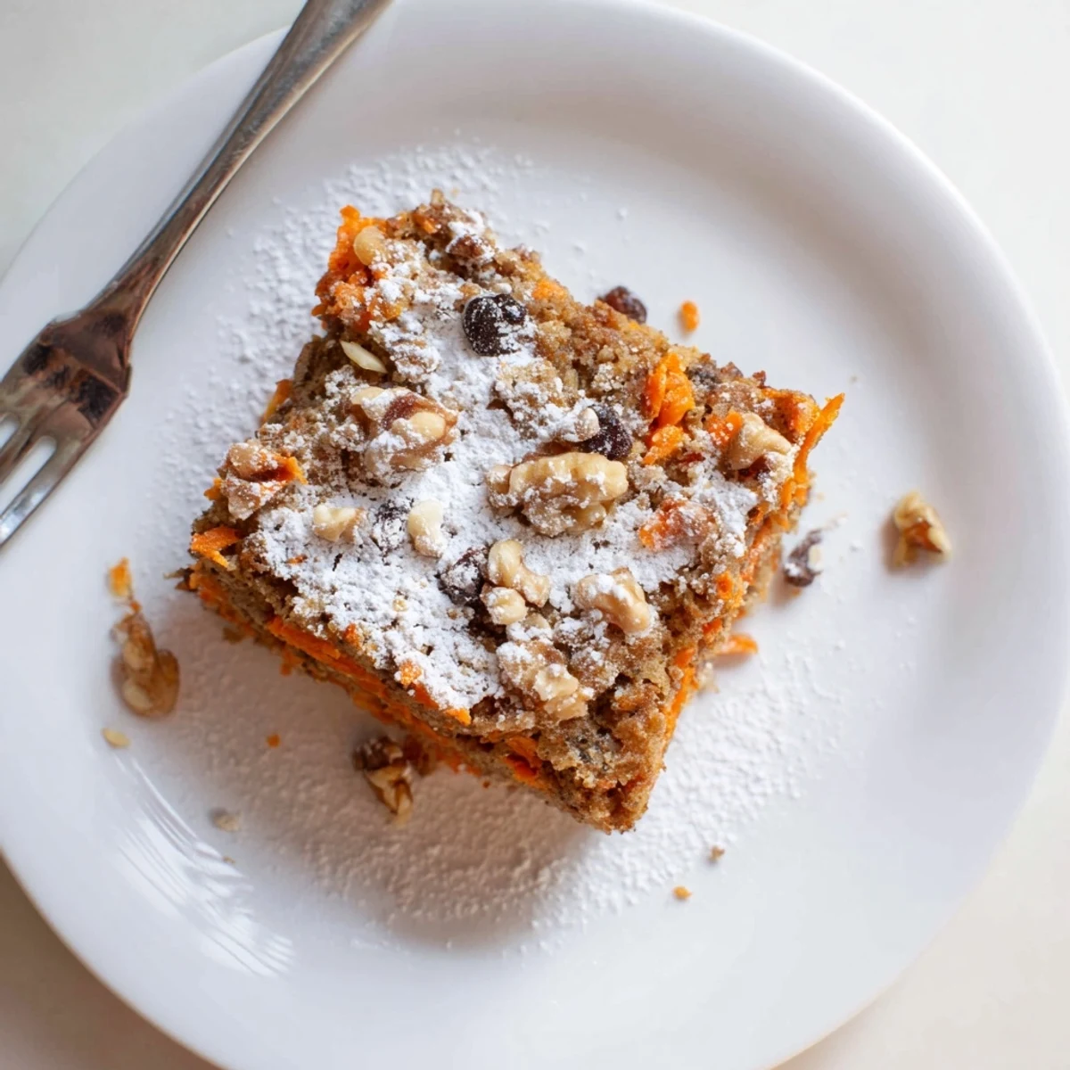 Slice of moist Greek yogurt carrot cake topped with powdered sugar on a white plate