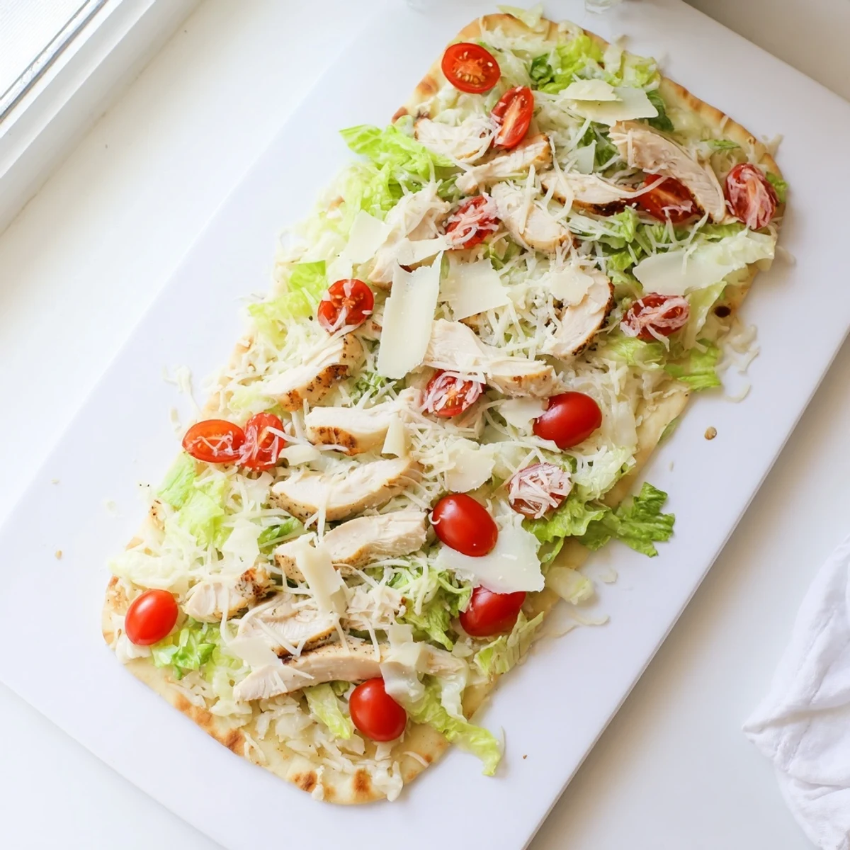 Homemade Chicken Caesar Flatbread featuring tender grilled chicken breasts, mozzarella cheese, and Caesar-dressed romaine on warm naan