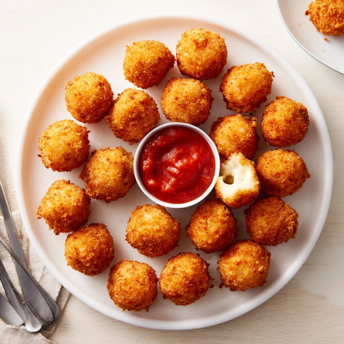 Golden brown mozzarella cheese balls with crispy panko coating and melty center