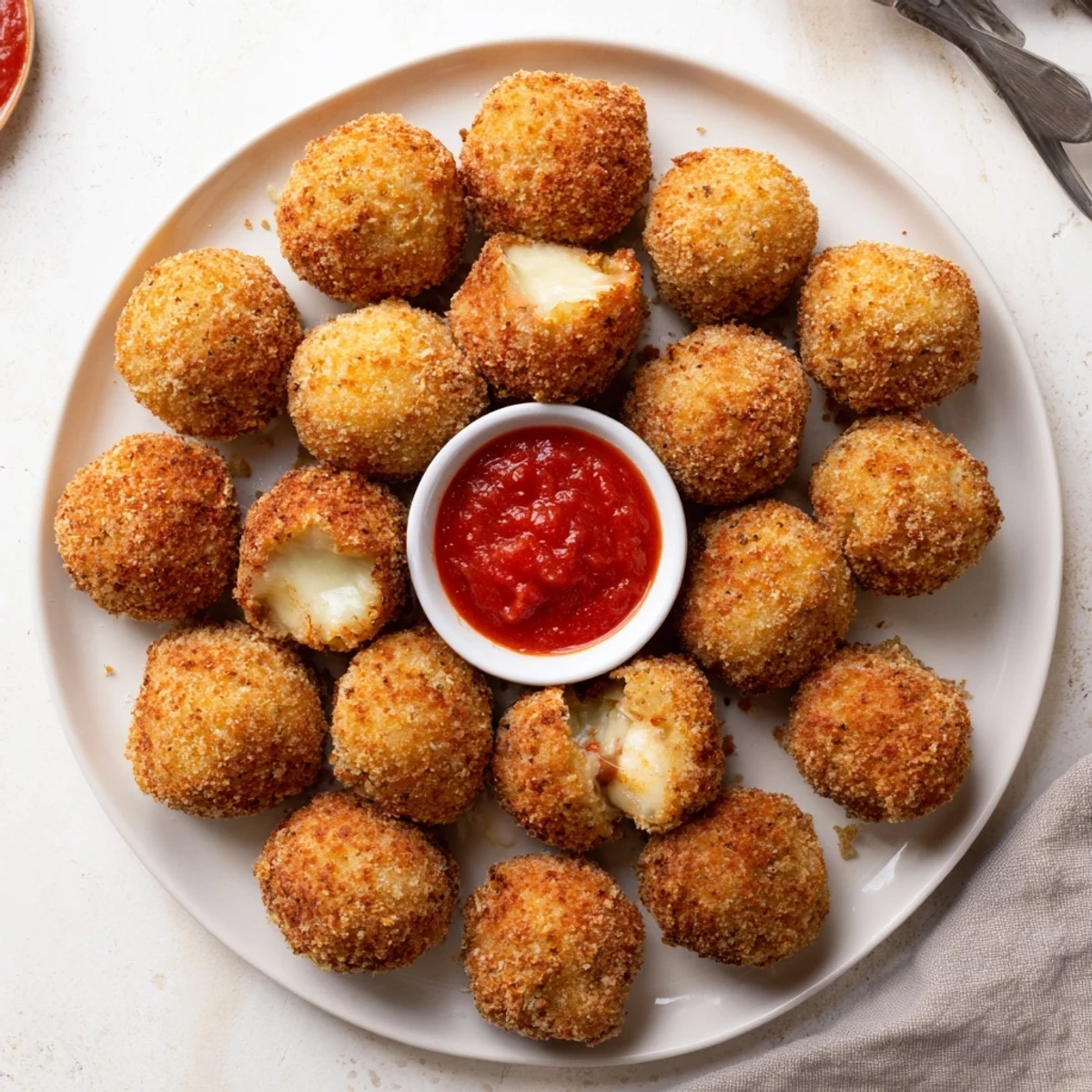 Plate of fried mozzarella cheese balls served with marinara dipping sauce
