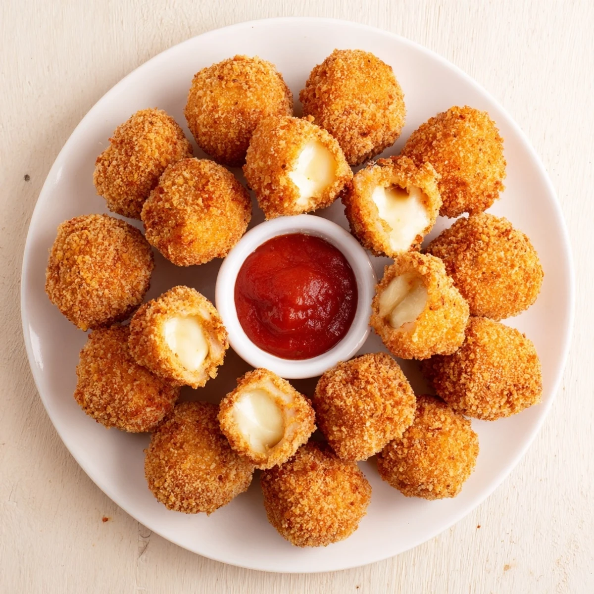 Crispy homemade mozzarella cheese balls hot from the fryer with gooey interior