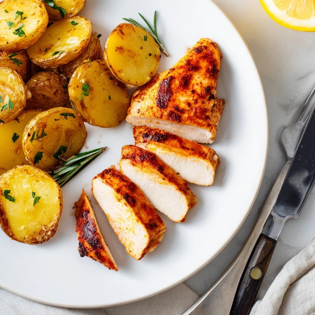 Golden brown grilled chicken breasts served beside crispy roasted baby Yukon Gold potatoes with fresh parsley garnish