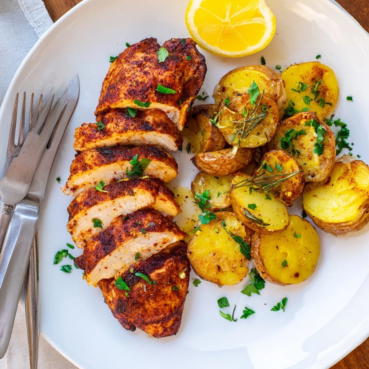 Juicy smoked paprika grilled chicken resting on a plate next to golden rosemary roasted potatoes with lemon wedges