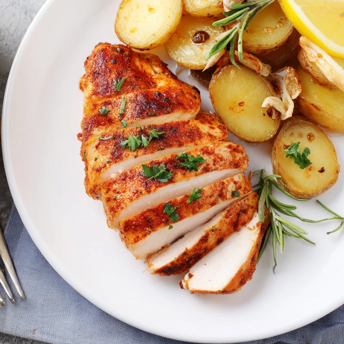 Sliced grilled chicken with crispy roasted potato halves arranged on a white platter topped with fresh herbs