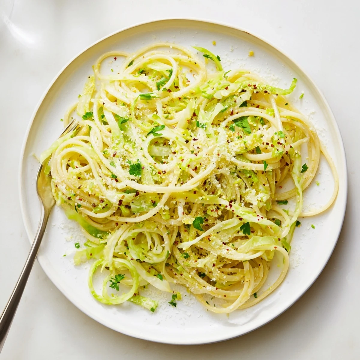 Tangled spaghetti tossed with tender caramelized cabbage in bright lemon garlic butter sauce