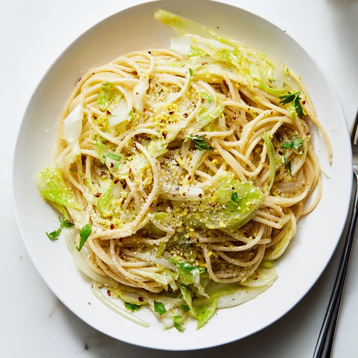 Golden lemon garlic cabbage pasta plated with parmesan and fresh parsley garnish