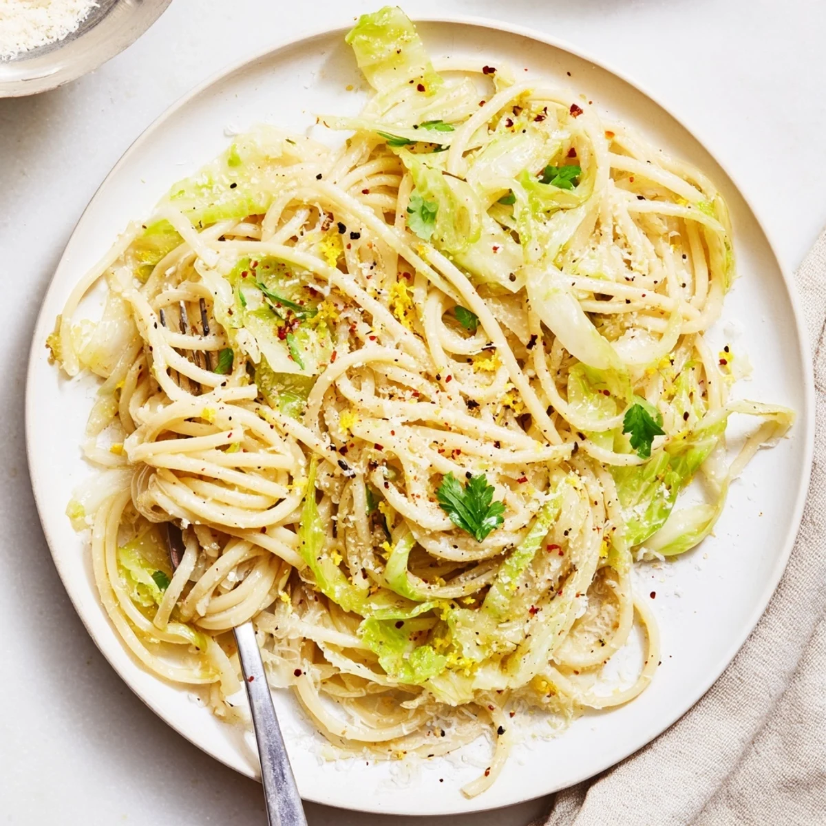 Close-up of zesty lemon garlic cabbage pasta with red pepper flakes and parmesan