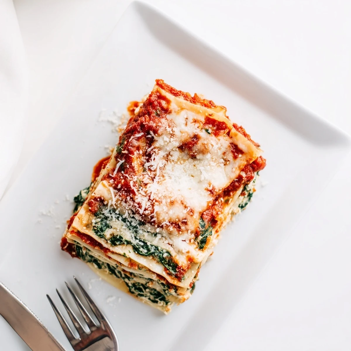 Classic spinach ricotta lasagna with layers of tender pasta, bubbling mozzarella, and hearty tomato sauce