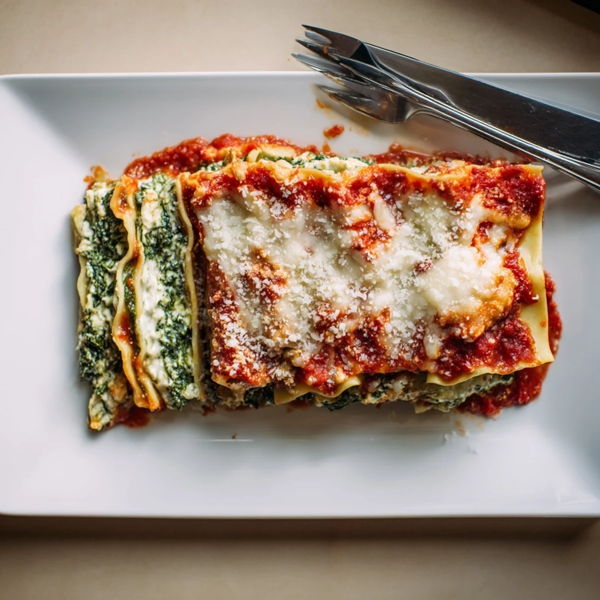 Golden brown spinach ricotta lasagna showing melted cheese topping and rich red sauce peeking through pasta layers