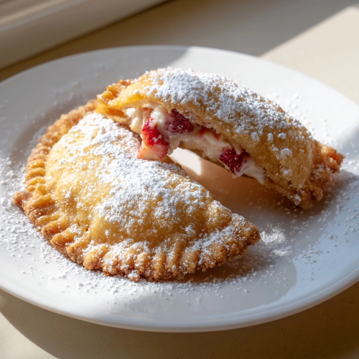 Golden deep fried strawberry cheesecake pies with creamy filling and powdered sugar dusting