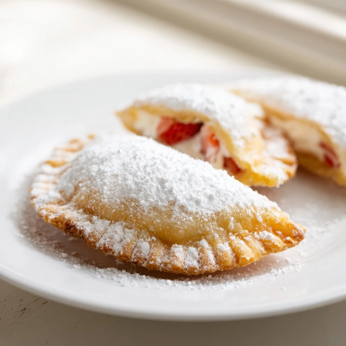 Crispy fried hand pies stuffed with sweet strawberries and rich cheesecake center