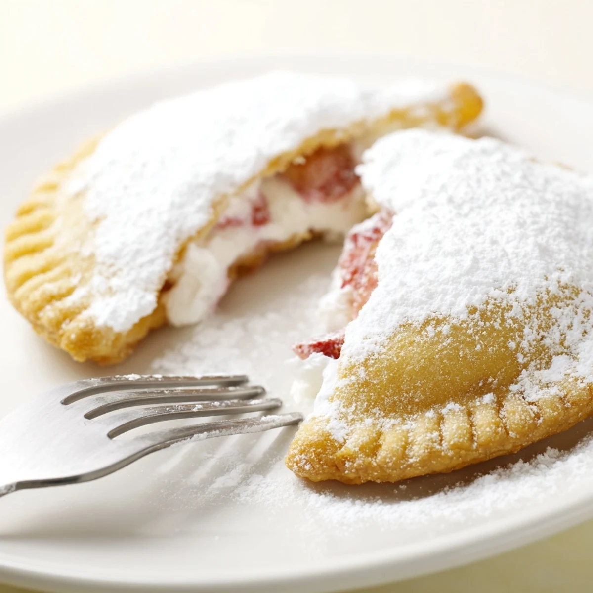 Flaky golden half-moon pastries filled with strawberry cheesecake and sprinkled with powdered sugar