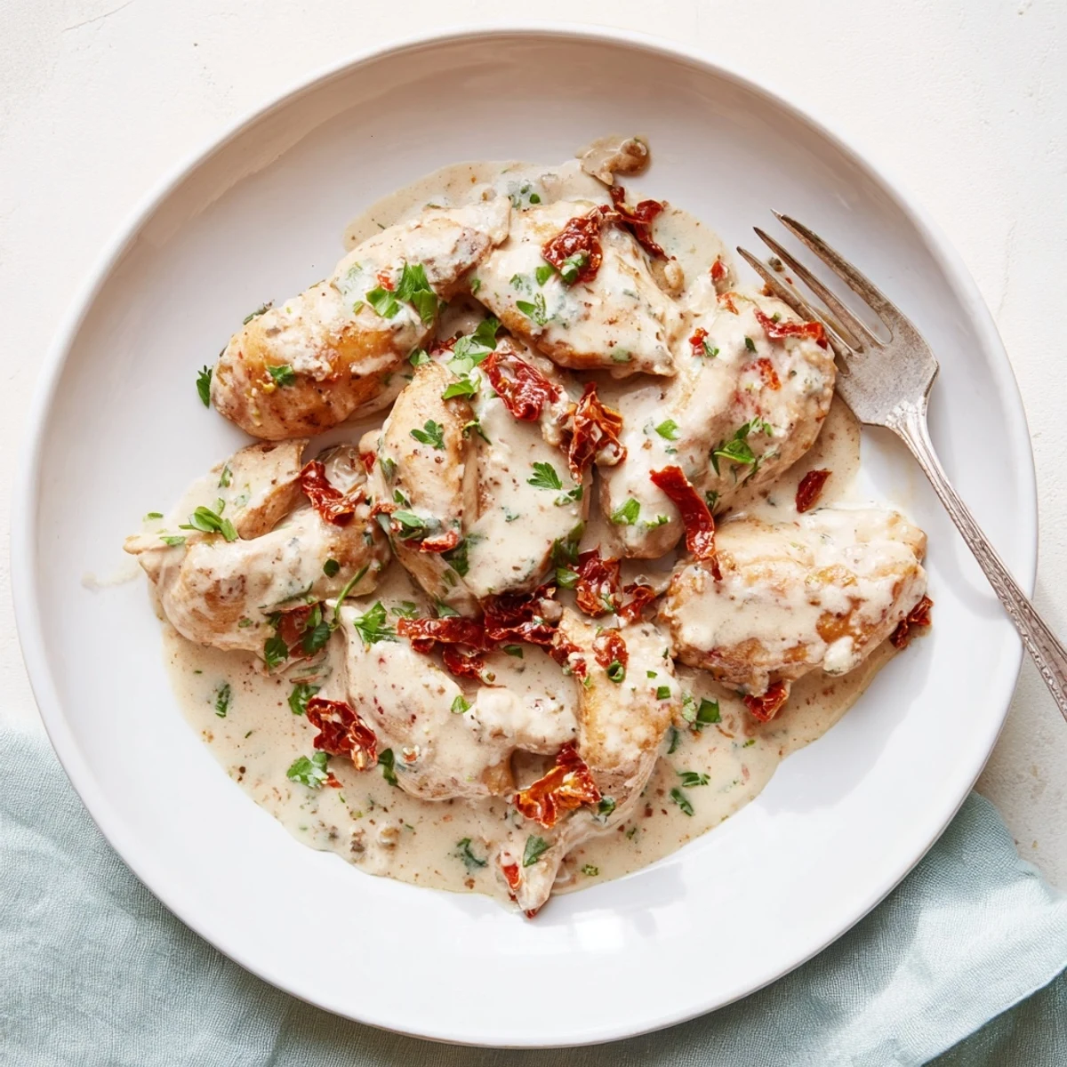 Tender pan-seared chicken nestled in a luscious parmesan cream sauce dotted with oil-packed sun-dried tomatoes and red pepper flakes