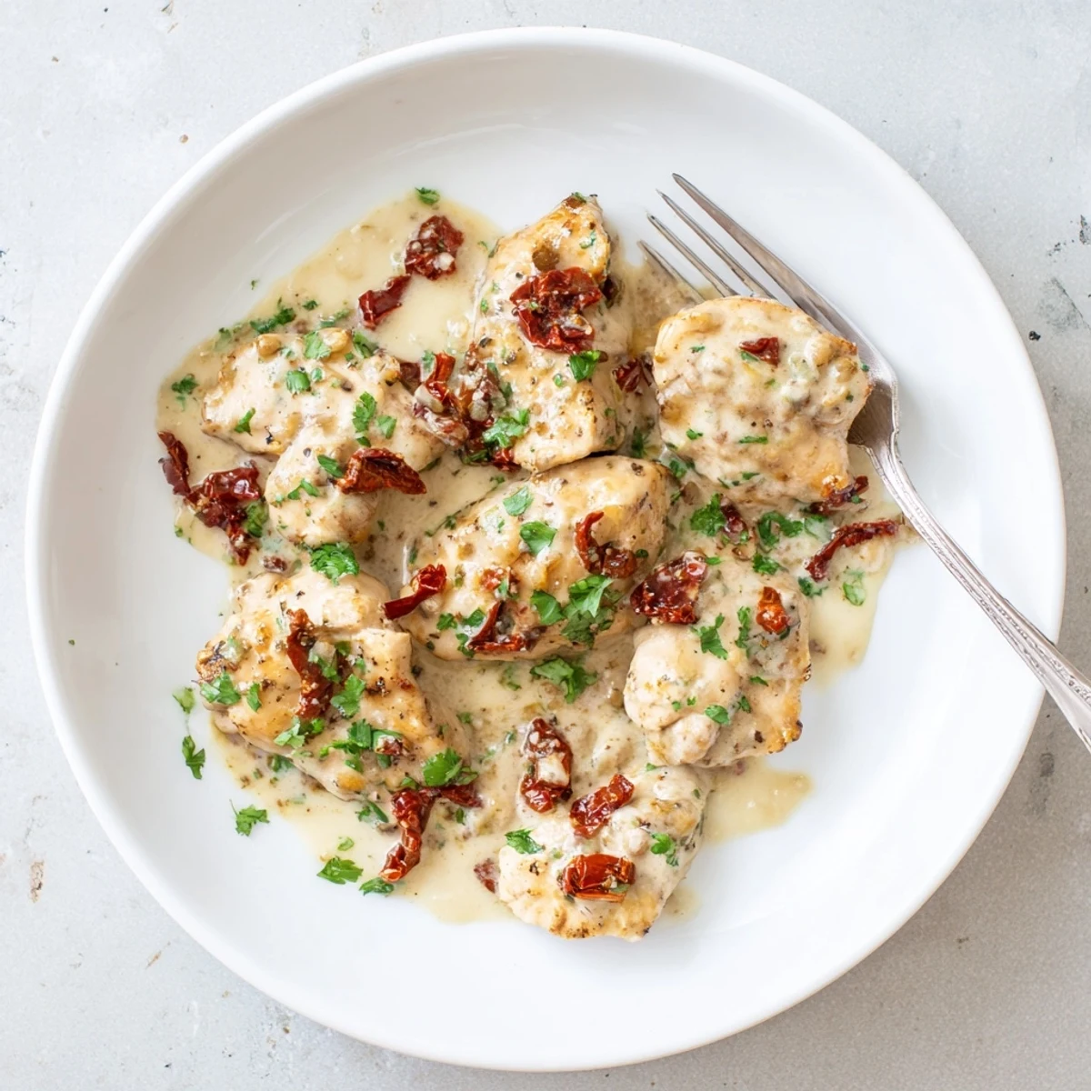 Golden brown chicken breasts swimming in a rich garlic cream sauce with vibrant sun-dried tomatoes and fresh basil garnish