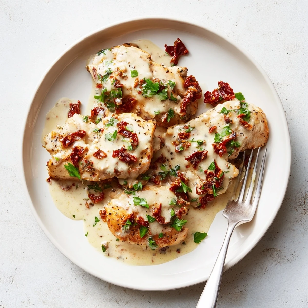 Creamy garlic chicken with sun-dried tomatoes served in a white bowl, topped with chopped fresh herbs and grated parmesan