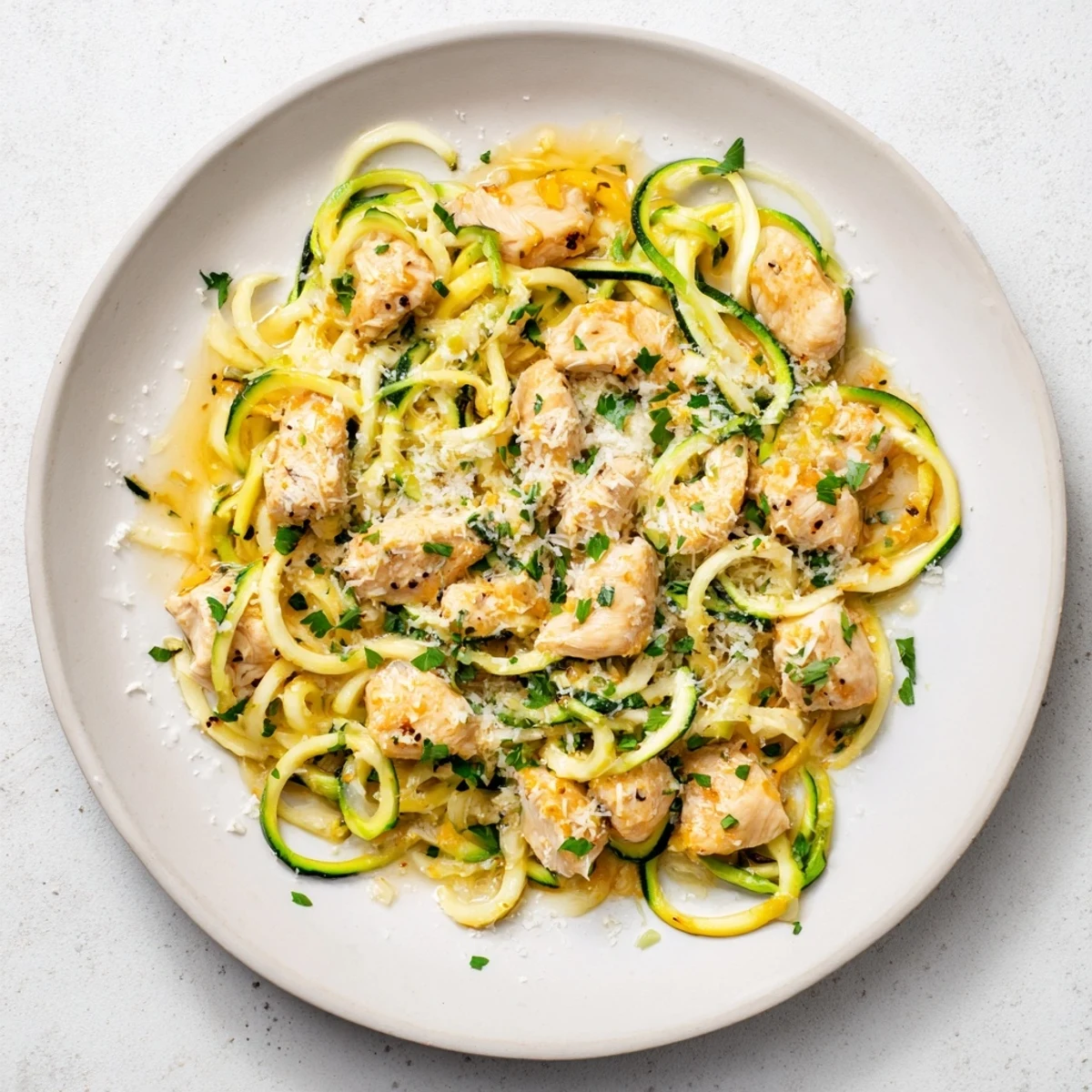 Golden brown chicken pieces tossed with spiralized zucchini noodles in rich garlic butter sauce
