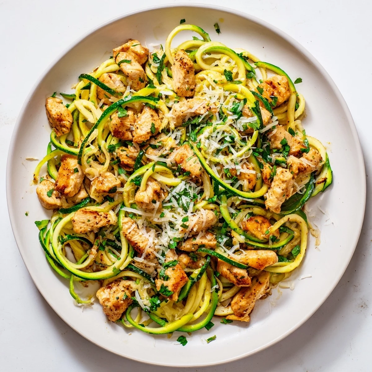 Tender chicken breast and zucchini spirals swimming in savory garlic butter sauce with fresh parsley garnish