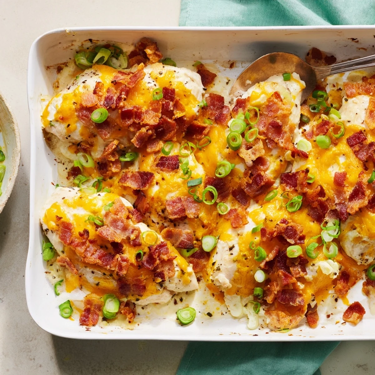 Creamy crack chicken topped with melted cheddar and crispy crumbled bacon in a baking dish