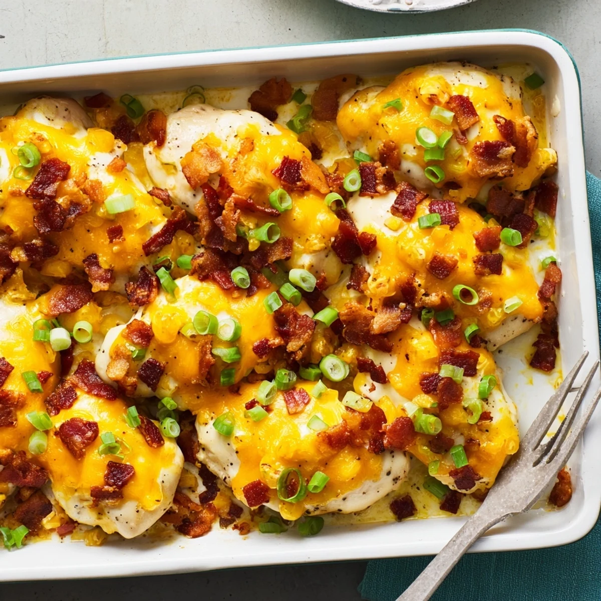 Oven-baked crack chicken featuring tender breasts smothered in cream cheese ranch sauce and bacon bits