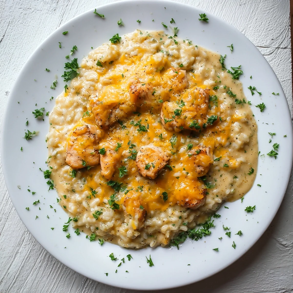 Golden brown chicken breasts nestled in creamy rice with melted cheddar cheese topping