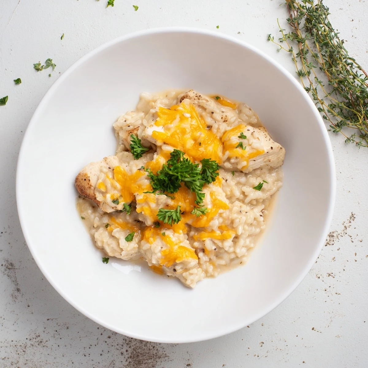 Tender chicken pieces resting on bed of fluffy rice in savory cream gravy