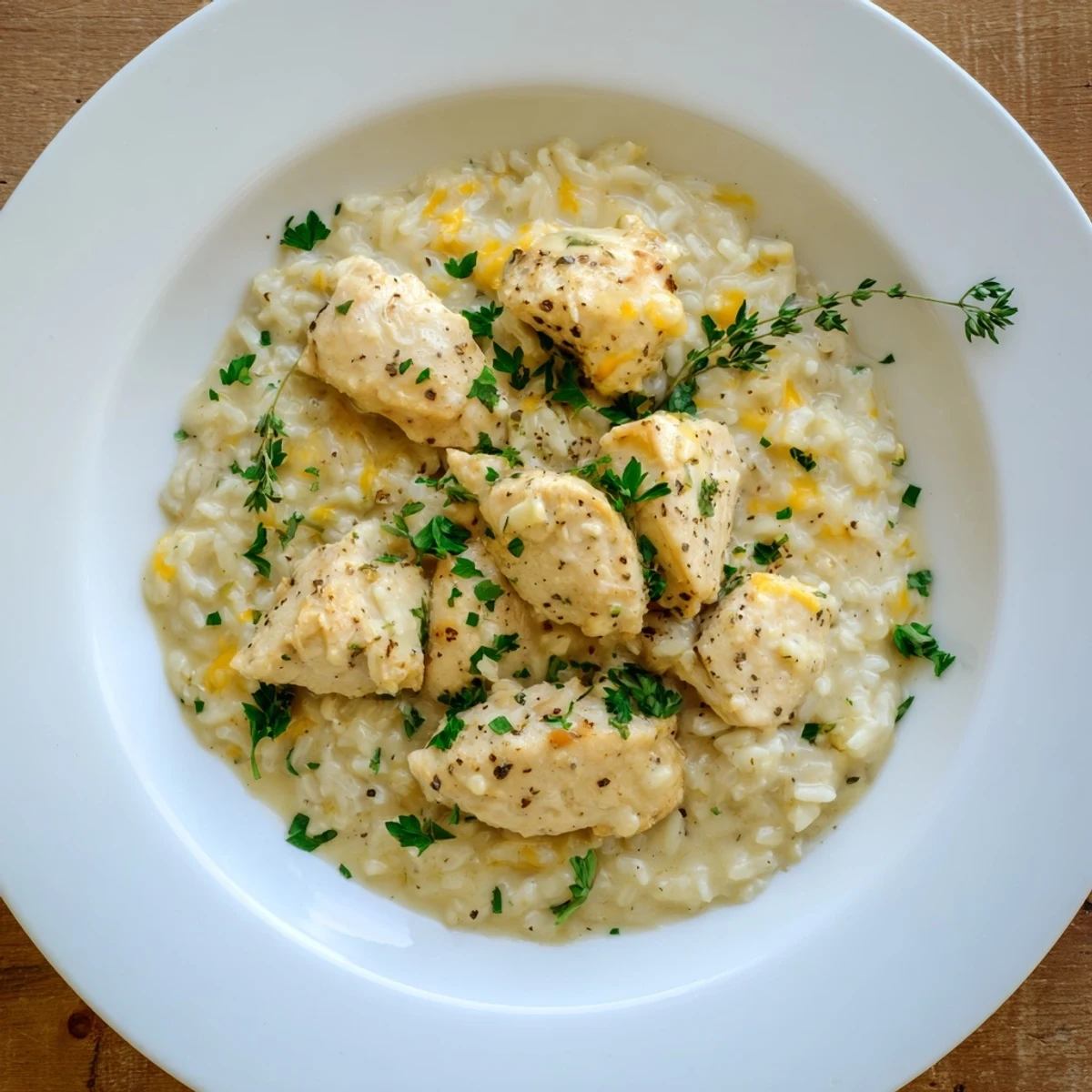 One-pan smothered chicken and rice dish bubbling with rich cream sauce and herbs