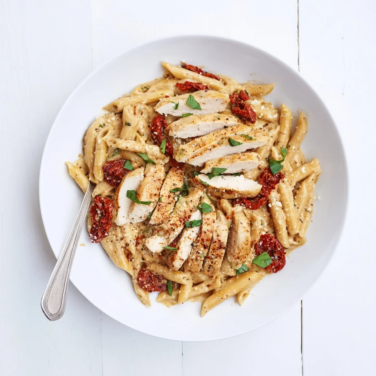 Hearty plate of Marry Me Chicken Pasta featuring succulent chicken, sundried tomatoes, and luscious cream sauce garnished with herbs