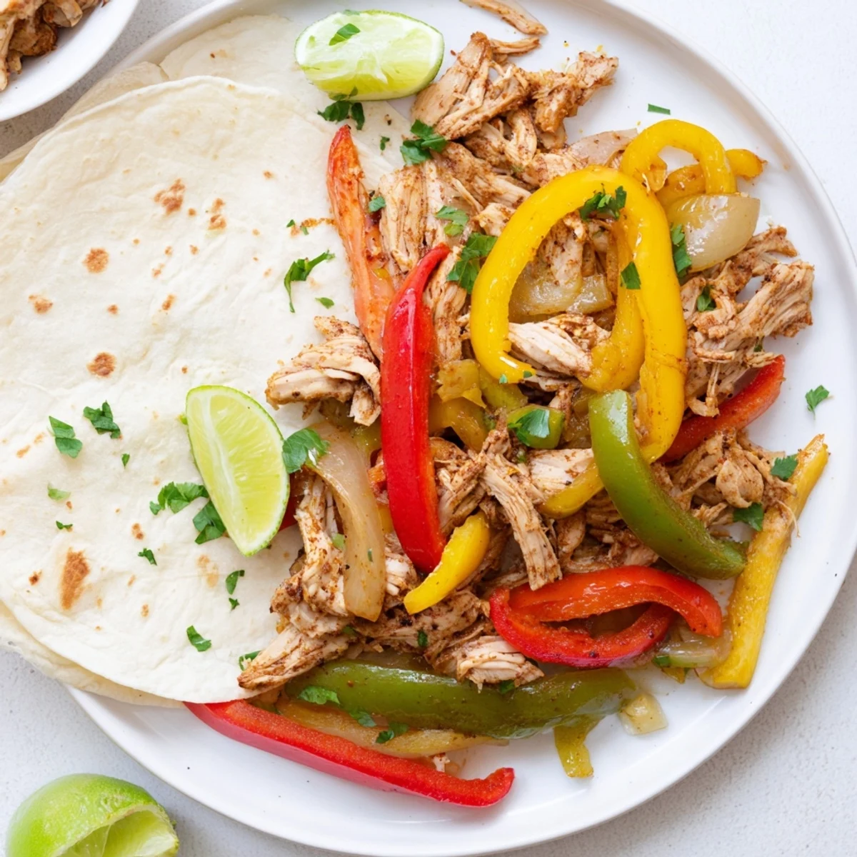 Colorful slow cooker chicken fajitas with tender shredded meat, bell peppers, and onions in warm tortillas