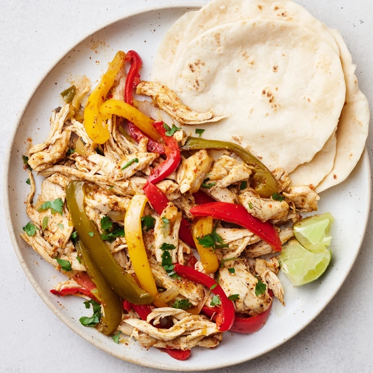 Easy Crockpot chicken fajitas featuring seasoned shredded meat with colorful peppers and fresh cilantro garnish