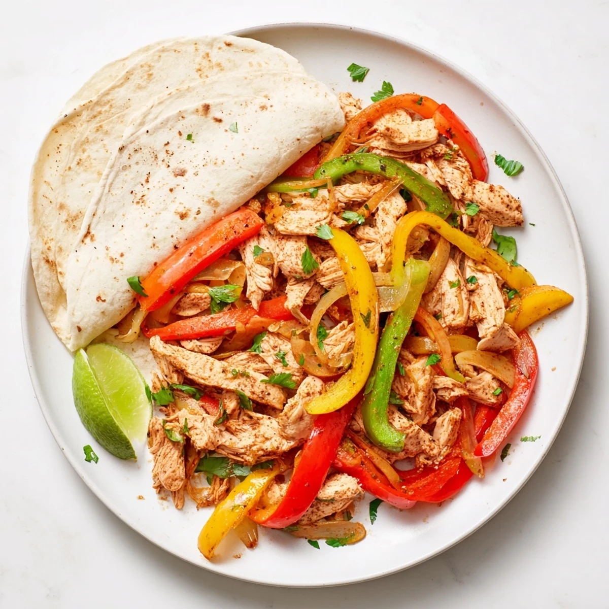 Savory slow cooker chicken fajitas piled in tortillas with lime wedges, avocado, and melted cheese toppings