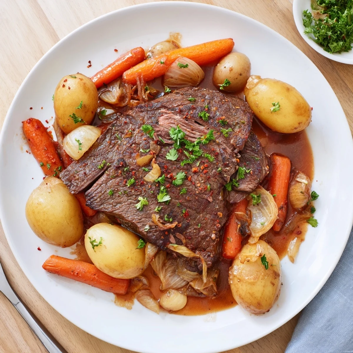 Savory slow cooker steak and potatoes featuring seared beef nestled with buttery vegetables