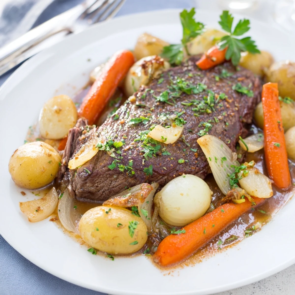 Hearty slow cooker steak and potatoes served garnished with fresh parsley for dinner