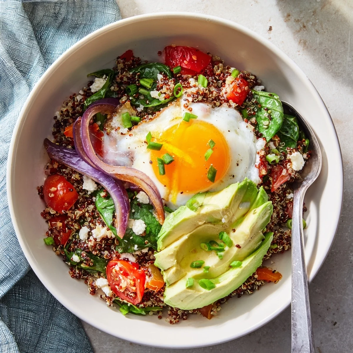 Savory quinoa breakfast bowl topped with fried egg and colorful sautéed vegetables