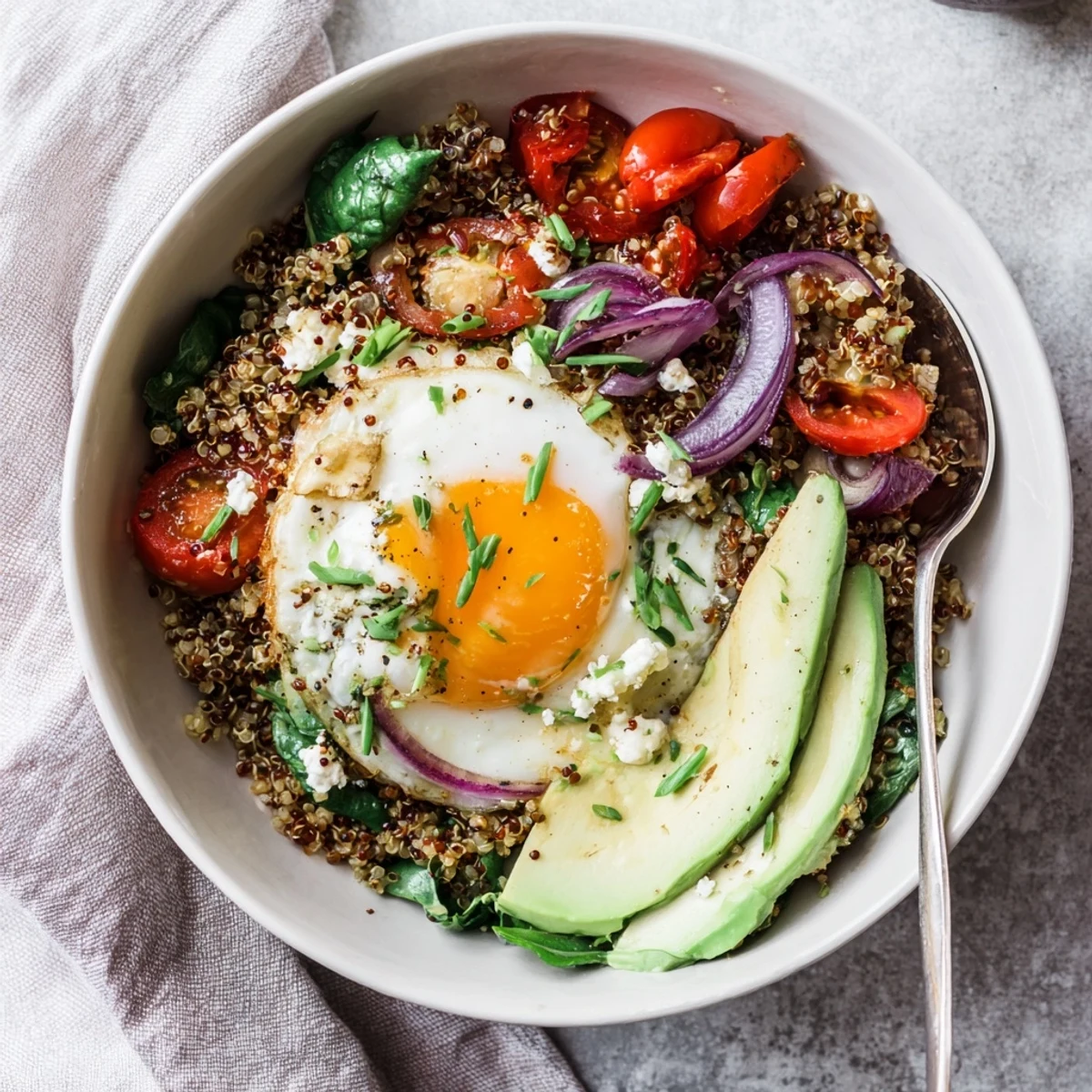 Protein-rich savory quinoa breakfast bowl with cherry tomatoes, red peppers, and sunny-side-up egg