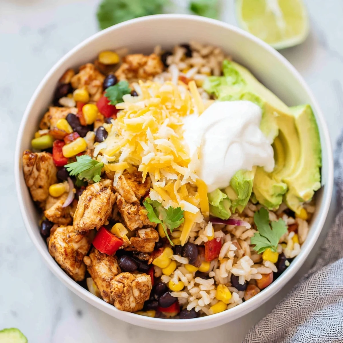 Colorful Instant Pot chicken burrito bowls topped with cheese, avocado, sour cream, and fresh cilantro