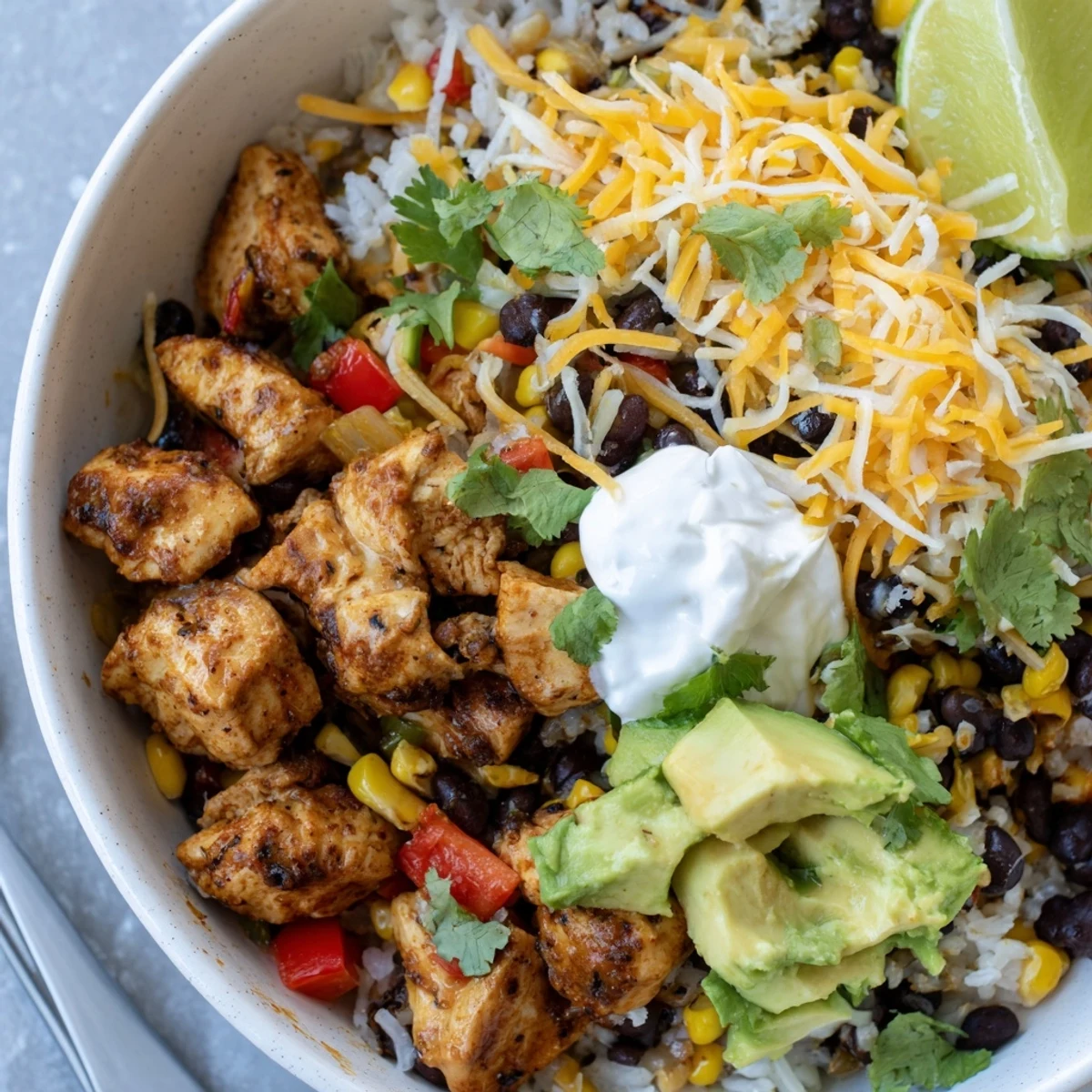 Steamy bowl of tender chicken and rice loaded with black beans, corn, and melted cheddar cheese