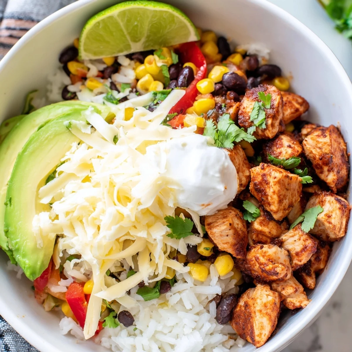 Fluffy rice and seasoned chicken piled high with zesty toppings in a vibrant burrito bowl
