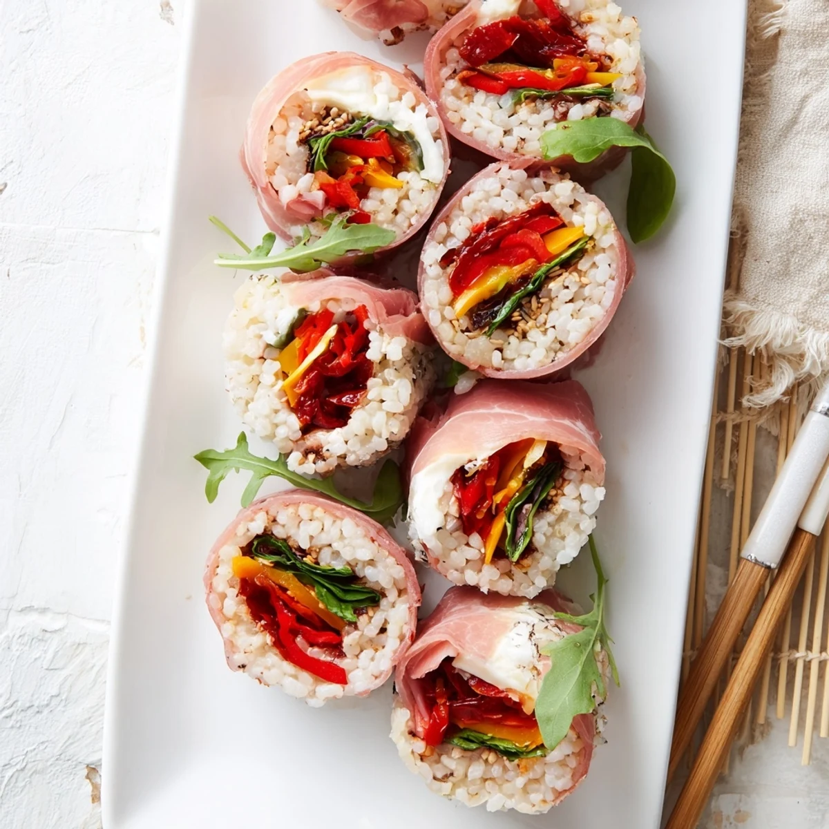 Colorful Italian sushi rolls layered with prosciutto, mozzarella, roasted peppers, and fresh basil on a rectangular white plate