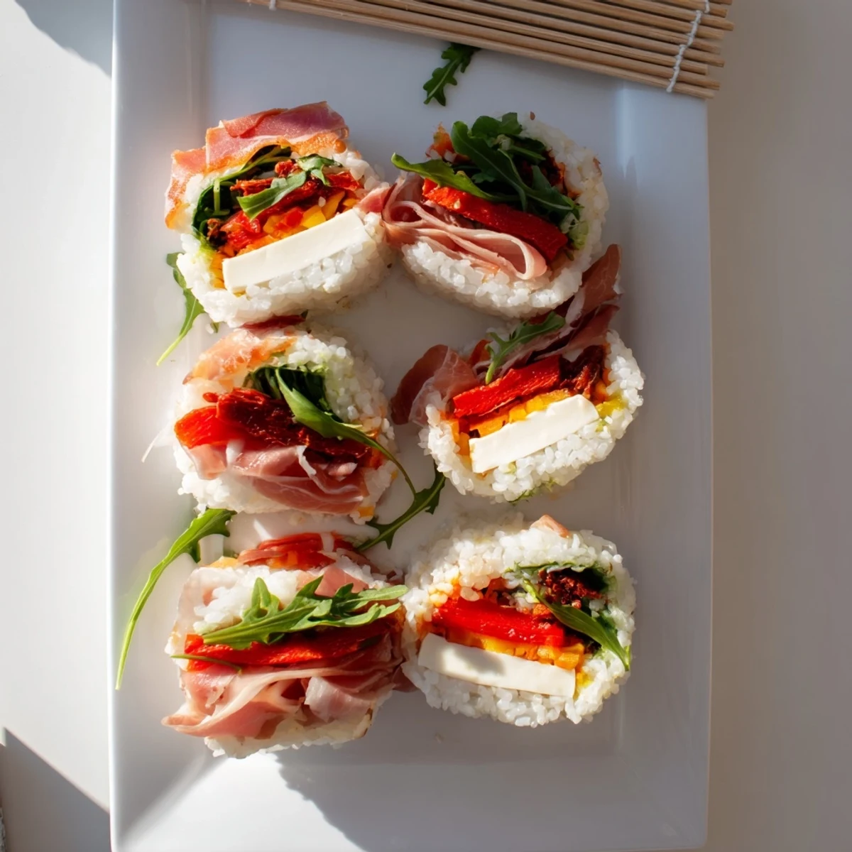 Close-up shot of fusion sushi featuring sun-dried tomatoes, arugula, and creamy mozzarella wrapped in nori with balsamic glaze