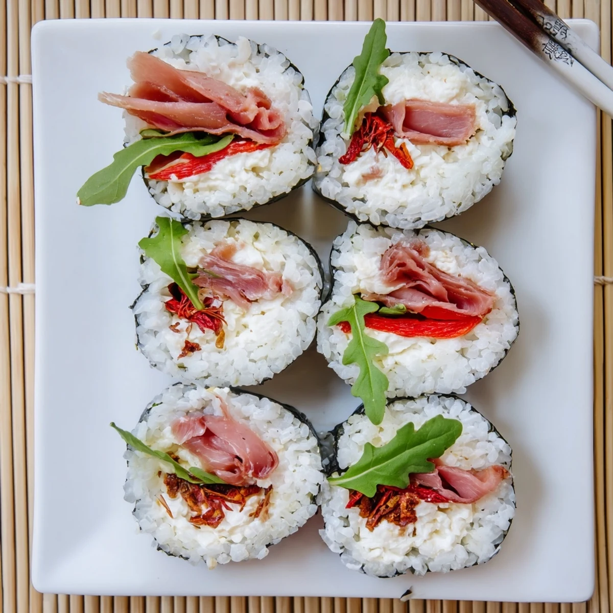 Mouthwatering Italian sushi arrangement with twenty-four pieces topped with fresh basil, ready for serving at parties