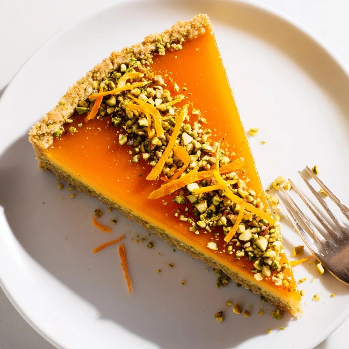 Elegant orange cardamom tart with creamy citrus filling in a crisp pistachio crust