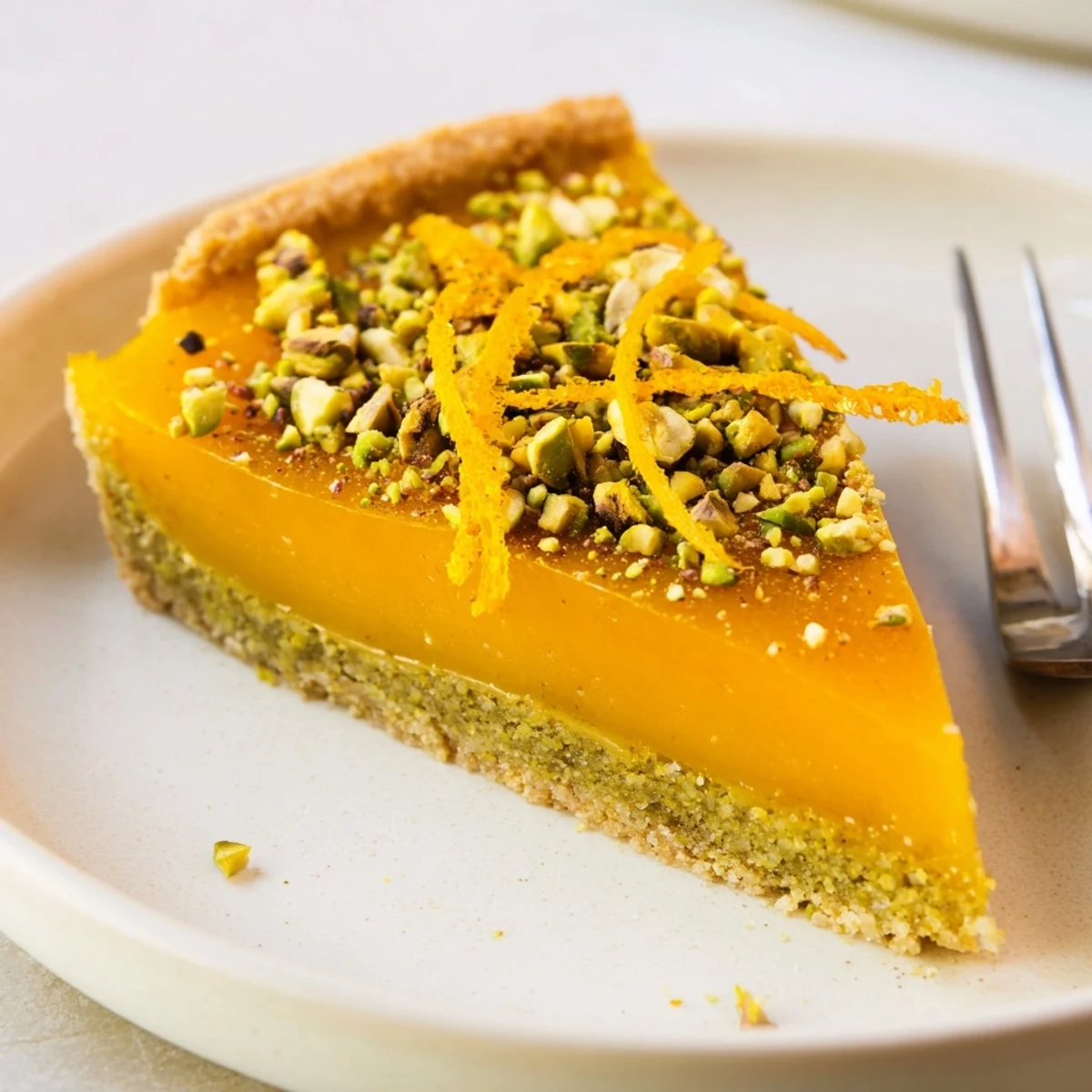 Slice of fragrant orange cardamom tart displaying smooth custard-like filling and nutty crust