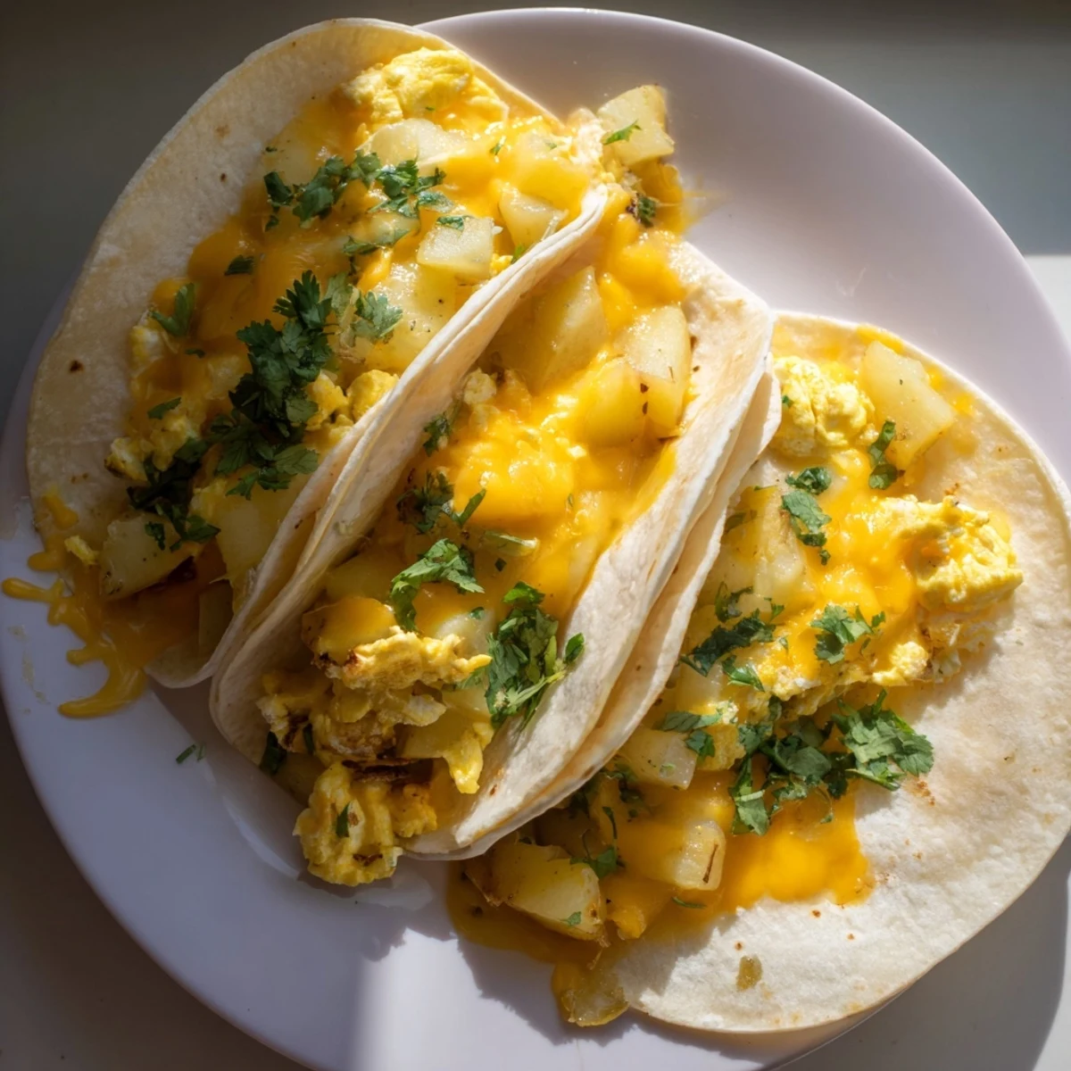 Golden potato egg cheese breakfast tacos loaded with fluffy scrambled eggs and melted cheddar