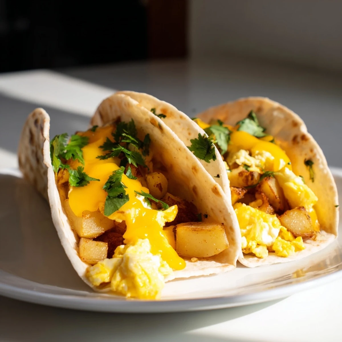 Warm flour tortillas stuffed with crispy diced potatoes and cheesy scrambled egg filling
