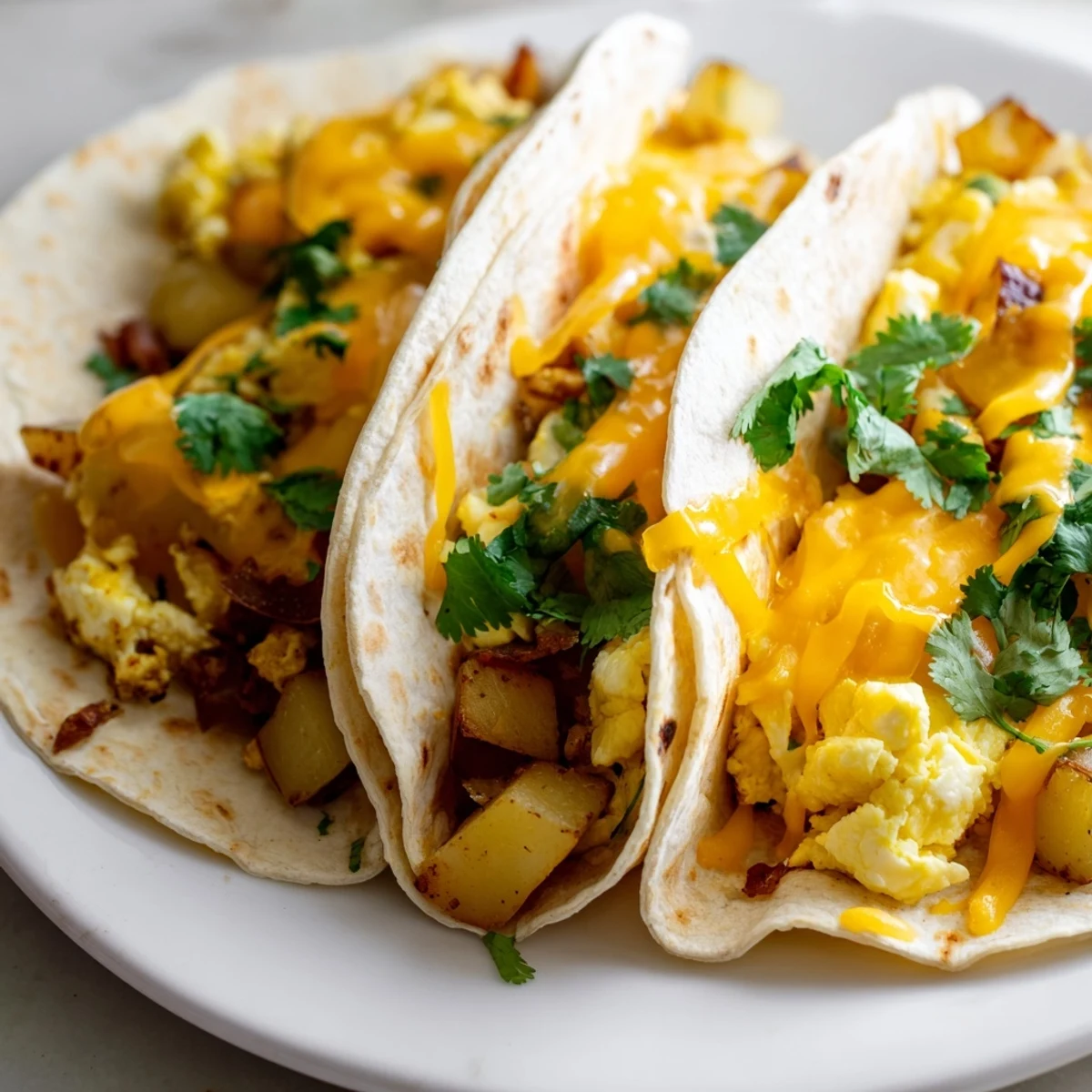 Hearty potato egg cheese breakfast tacos topped with fresh cilantro and vibrant red salsa
