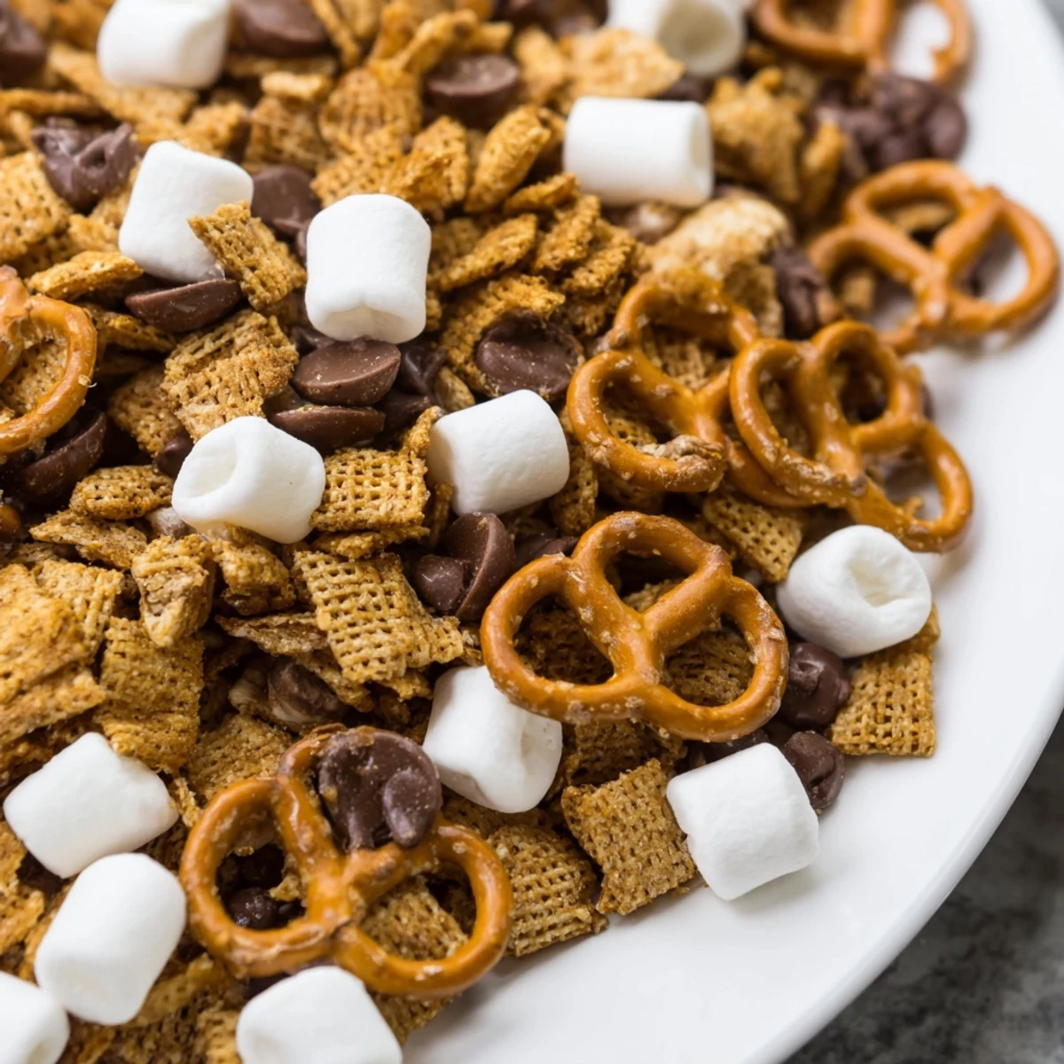 Golden graham cereal, mini marshmallows, and pretzels tossed with milk chocolate chips in this s'mores snack mix recipe
