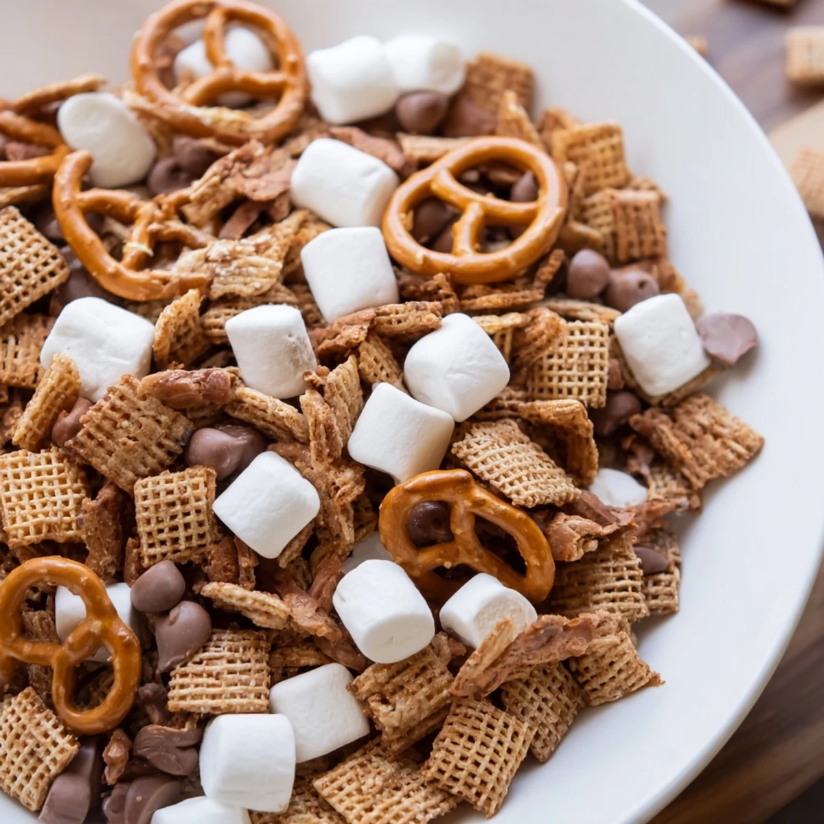 Sweet and salty s'mores snack mix recipe featuring graham cereal, mini marshmallows, and pretzels with milk chocolate pieces