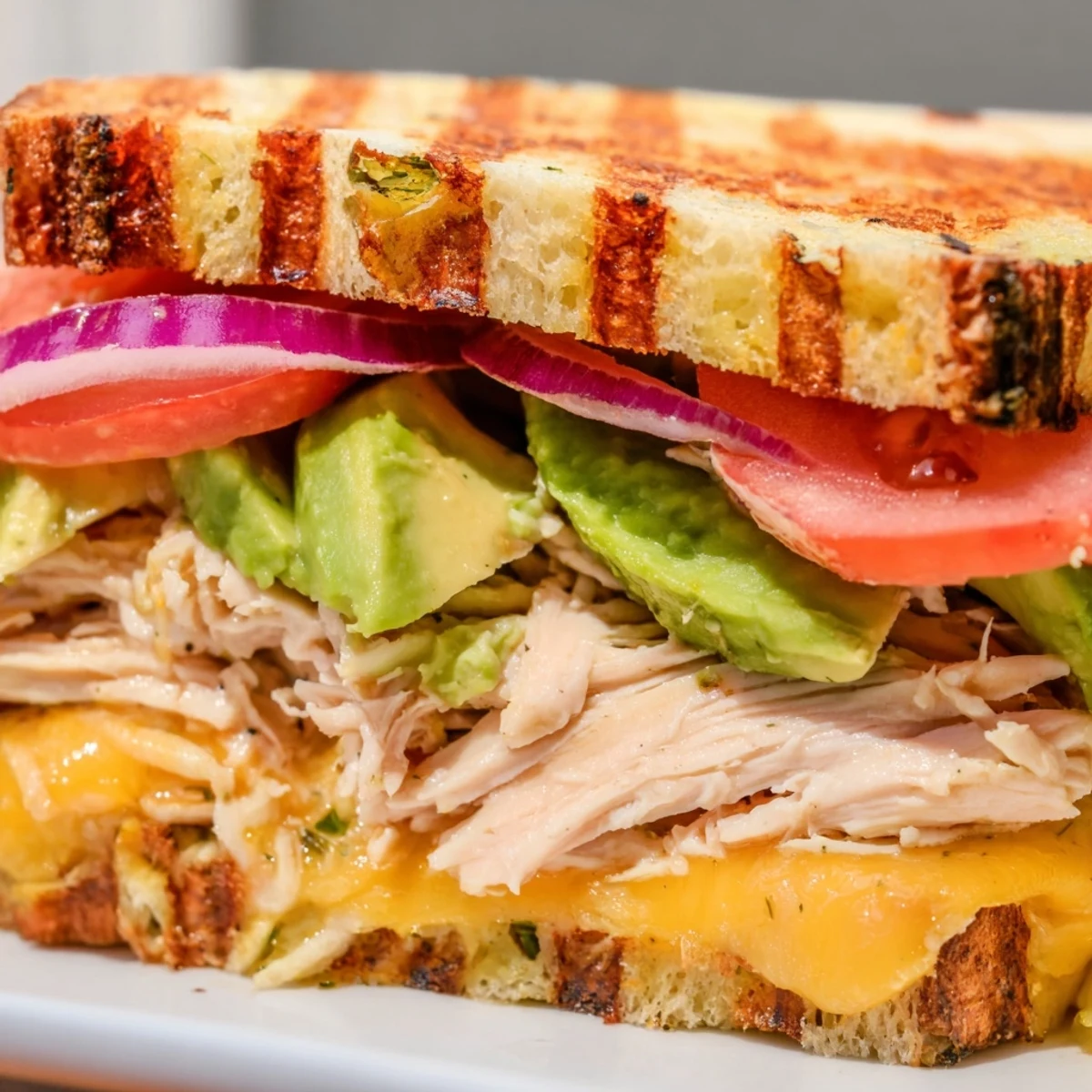 Golden toasted Chicken Avocado Melt Sandwich with melted cheese oozing from crispy sourdough bread slices